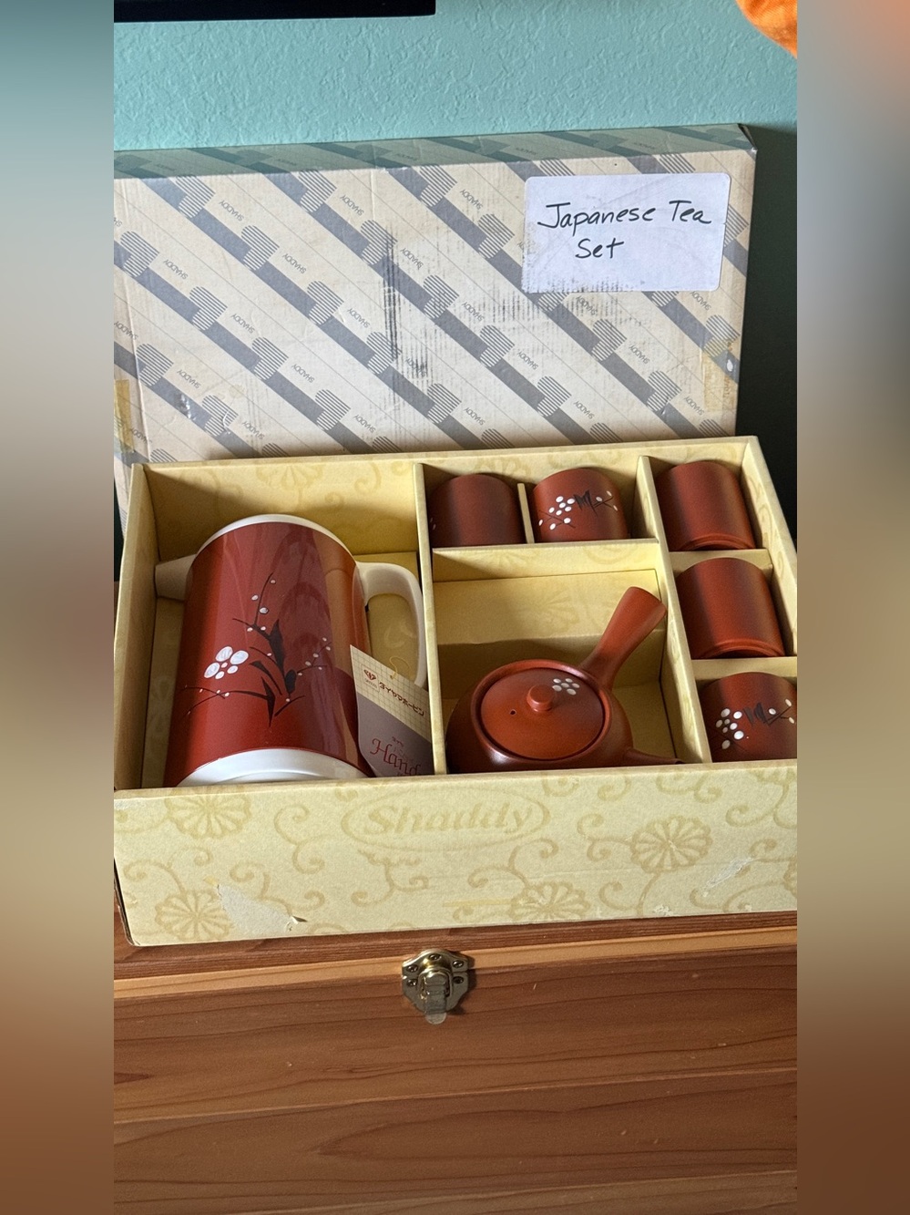 Vintage Japanese Tea Set Shaddy Diamond Thermos Pot 5 Cups Plum Blossom Boxed